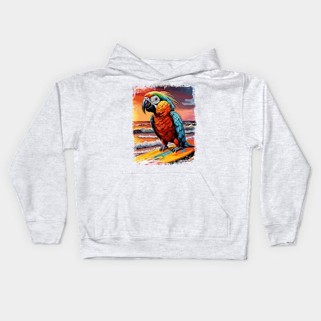 Parrot Surfing Cute Colorful Comic Illustration Kids Hoodie by Naumovski